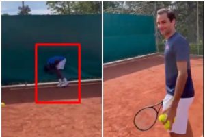 (Видео) Федерер за време на тренинг го погоди помошникот на незгодно место