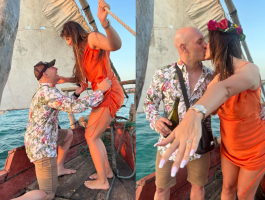 (Видео) Адам Атлета во Занзибар ја побара за жена Кристина, фитнес парот отворија шампањ на зајдисонце
