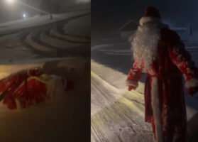 (Видео) Пијан Дедо Мраз заспа на -30 среде улица