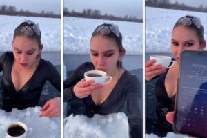 (Видео) Руска инфлуенсерка пливаше во замрзнато езеро на - 27 степени