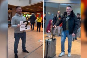(Видео) Го дочека другарот на аеродром со порака која ги насмеа сите