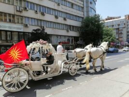 (Фото) Жена од Кенија на бела кочија се вози низ Скопје и се разладува со шампањ