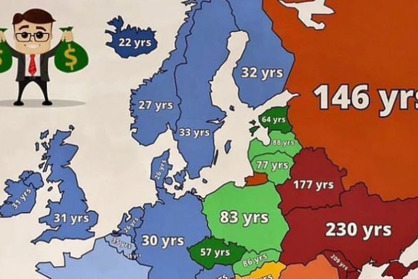 Мапа која покажува колку години се потребни за да заработите милион евра низ европските земји