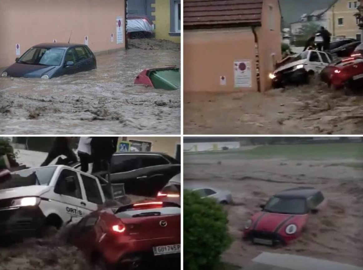 (Видео) Страшно невреме во Австрија, поради обилни поплави луѓето останаа заробени на покривите на автомобилите