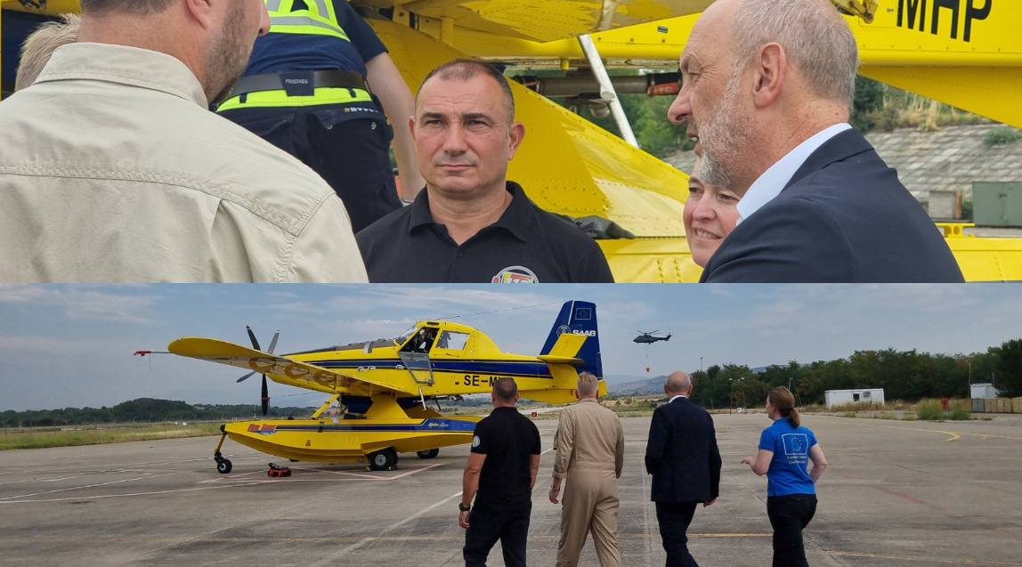 (Фото+видео) Амбасадорот Гир и Ангелов утрово кај пилотите директно на писта се запознаа со противпожарните активности