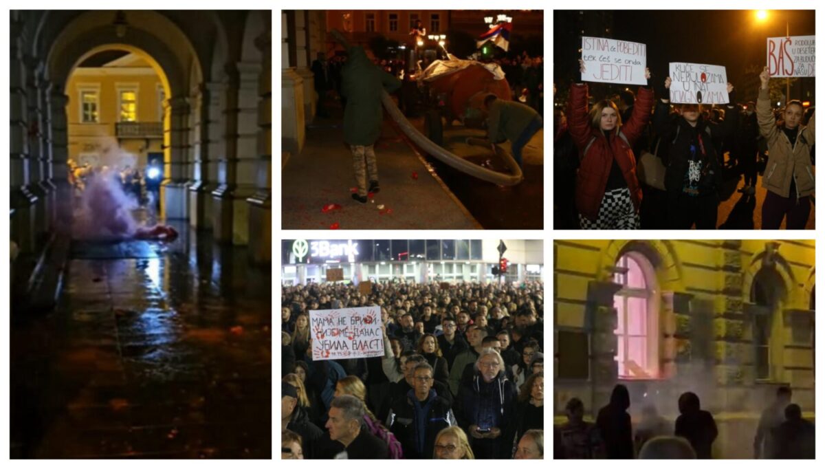 (Видео) Огромен протест во Нови Сад, демонтрантите фрлија фекалии врз Градското собрание