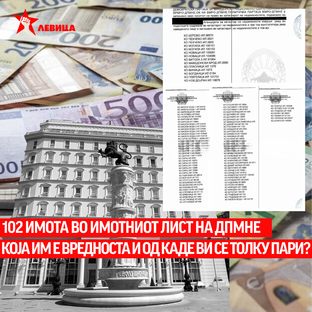Левица: 102 имота во имотниот лист на ДПМНЕ – која им е вредноста и од каде ви се толку пари?