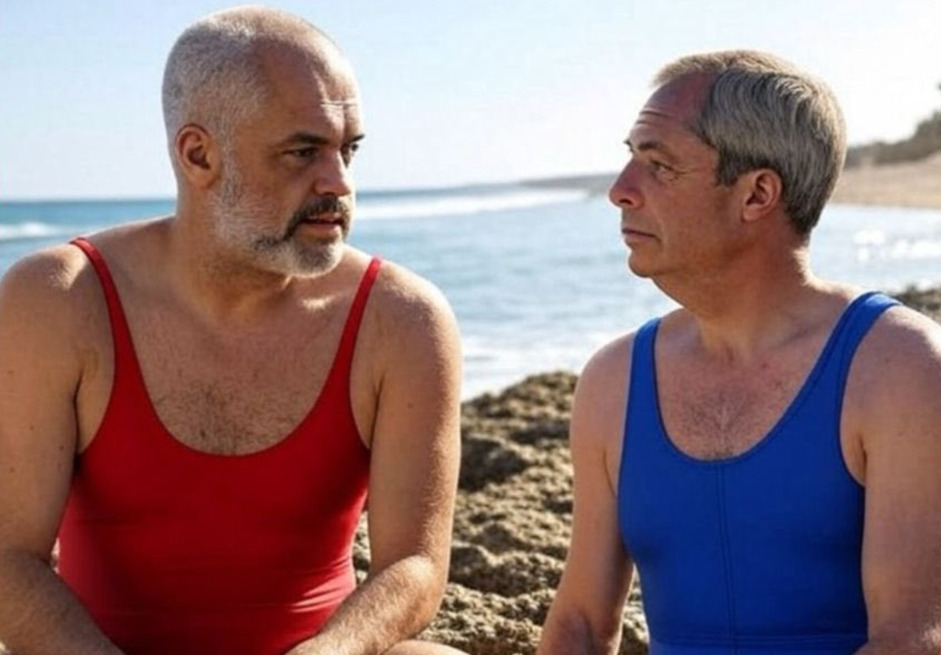 Еди Рама објави AI фотографија од себе и Фараж во костими за капење