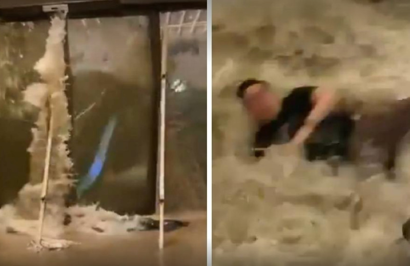 (Видео) Страшни снимки од тајфунот во Хонг Конг: Водата навлезе во хотел, пукаа стаклените врати