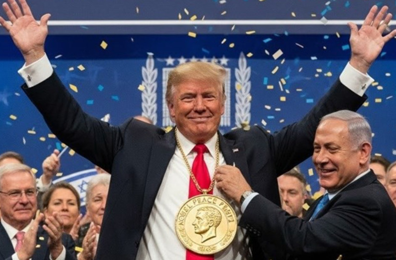 (Фото) Нетанјаху објави слика од вештачка интелигенција на која му ја доделува Нобеловата награда за мир на Трамп