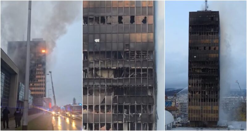 (Видео) Облакодерот во Загреб гори со часови, паѓаат делови од фасадата: штетата е тотална