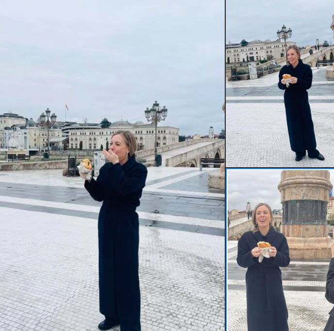 (Фото) Шведска министерка ужива во симит погача: „Започнување на денот во Скопје со енергичен појадок“