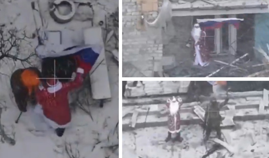 (Видео) Војник облечен како Дедо Мраз со руско знаме на снимка од Мирнохрад – спротивставени тврдења за контролата на градот