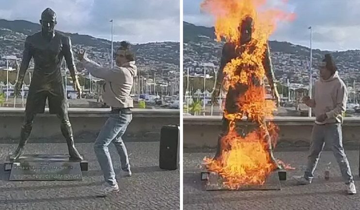 Запалена статуата на Кристијано Роналдо на островот Мадеира