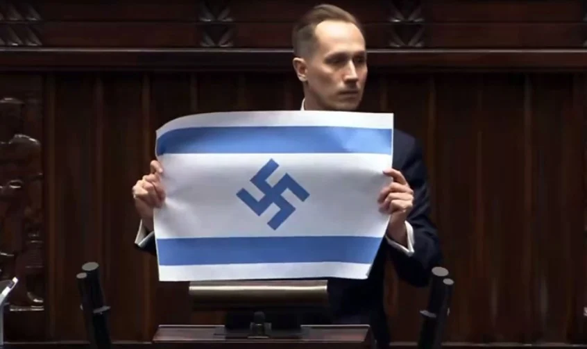 (Видео) Инцидент во полскиот парламент, пратеник го покажа израелското знаме со свастика
