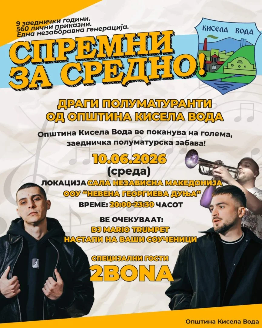 Бесплатна полуматурска забава за деветтоодделенците од Општина Кисела Вода