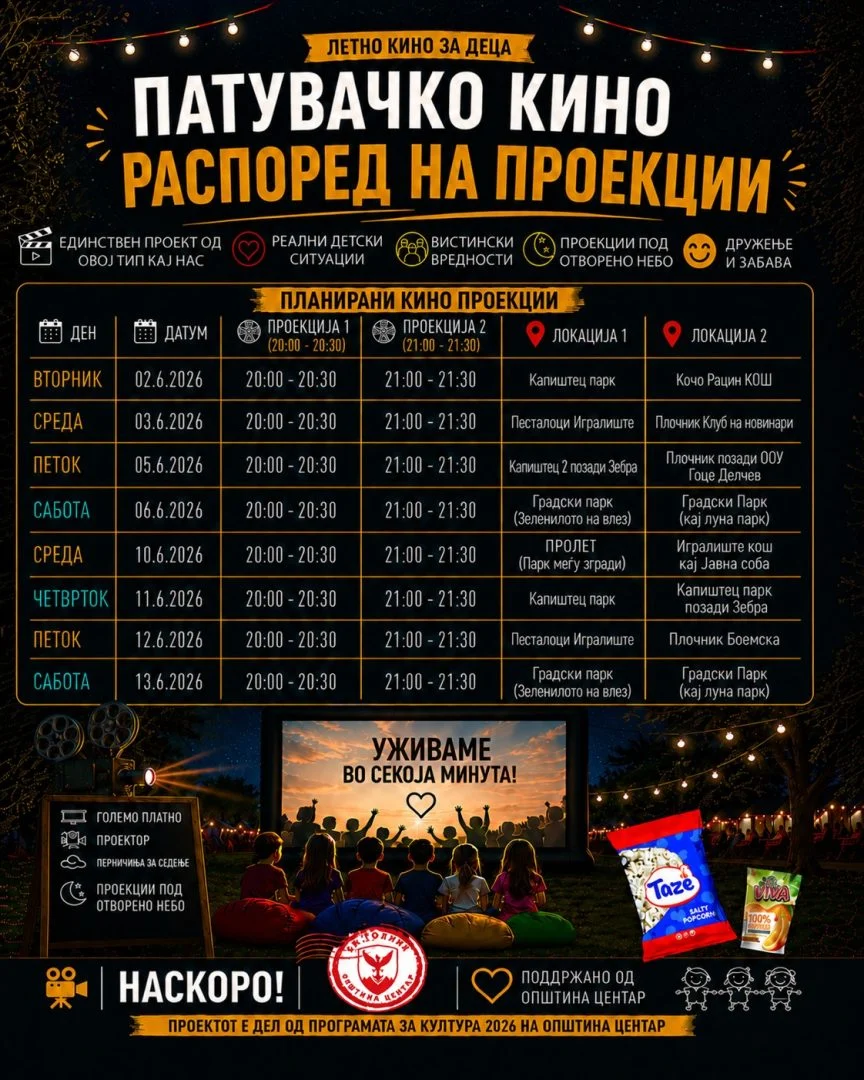 Герасимовски: Кино под отворено небо во центарските паркови, повелете на дружење, пуканки и пријатна атмосфера
