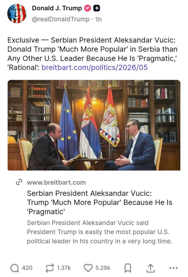 Трамп сподели интервју на Вучиќ