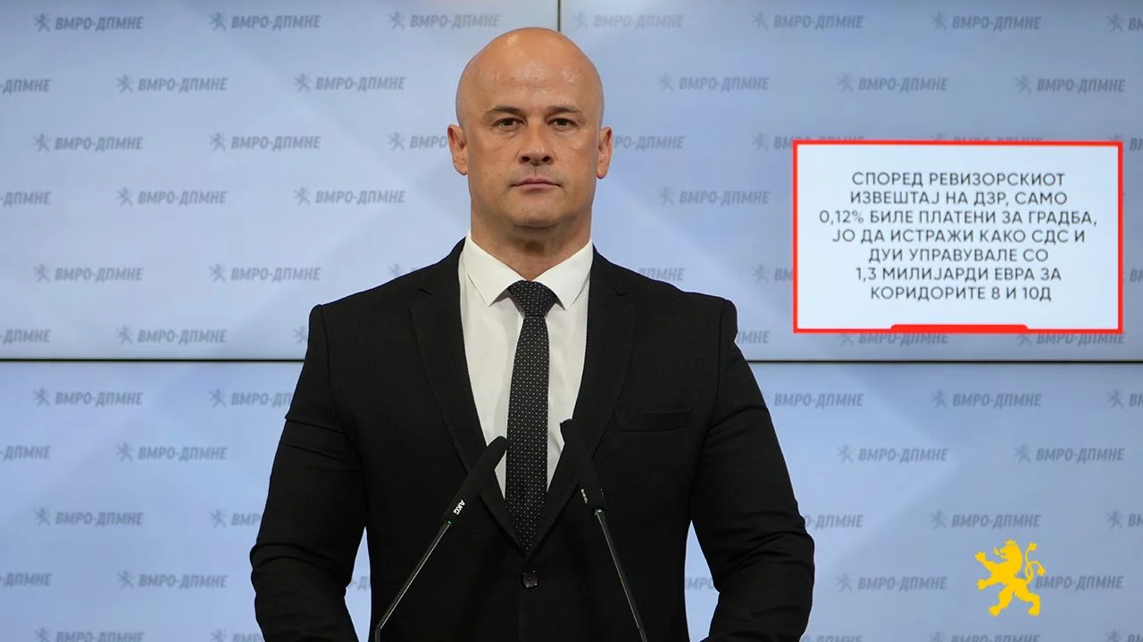 (Видео) Велјановски: Според ревизорскиот извештај на ДЗР, само 0,12% биле платени за градба, ЈО да истражи како СДС и ДУИ управувале со 1,3 милијарди евра за Коридорите 8 и 10д